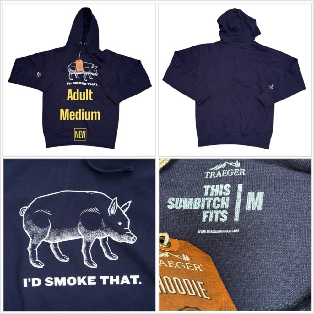 Traegar Grills I’d Smoke That Pig Medium Blue Fleece Pullover Hoodie Sweatshirt